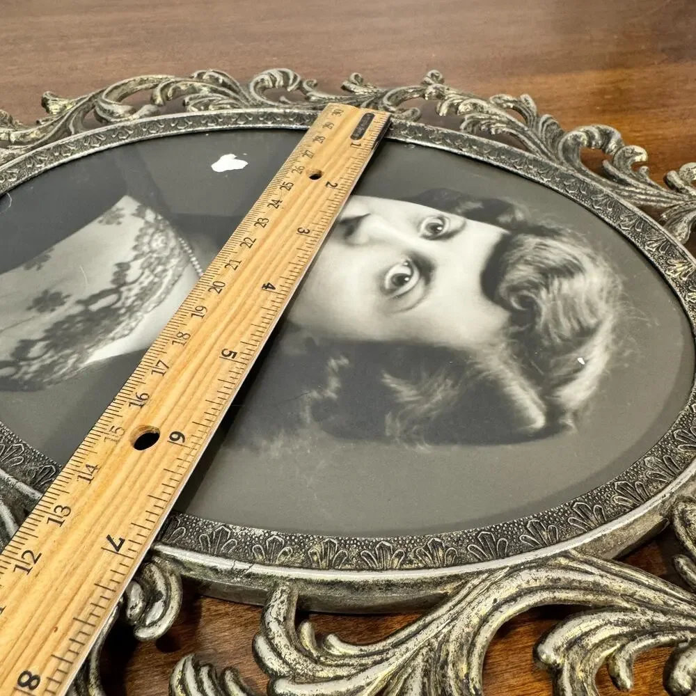 Vintage Art Nouveau Metal Picture Frame Floral Woman 7x9 inch B&W Photo